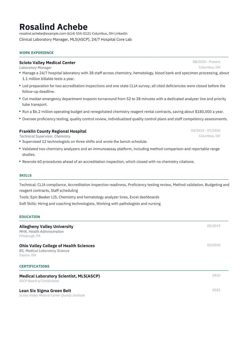 Laboratory Manager resume template sample in Catalyst, page 1: fictional Clinical Laboratory Manager, MLS(ASCP), 24/7 Hospital Core Lab