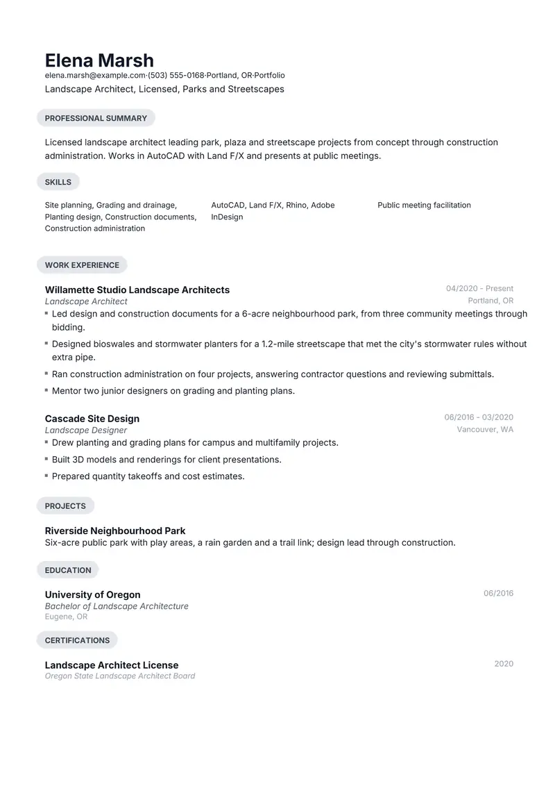 Landscape Architect resume template sample in Daniel, page 1: fictional Landscape Architect, Licensed, Parks and Streetscapes
