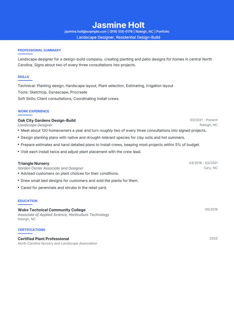 Landscape Designer resume template sample in Olivia, page 1: fictional Landscape Designer, Residential Design-Build