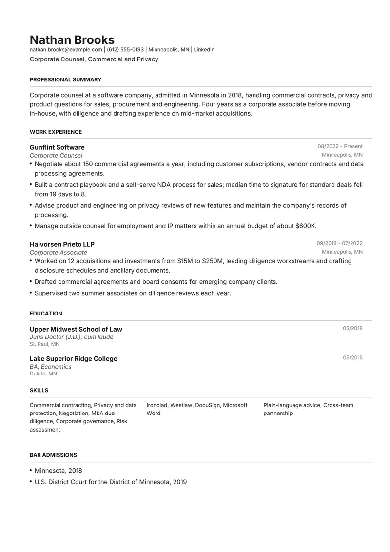 Lawyer resume template sample in Henrietta, page 1: fictional Corporate Counsel, Commercial and Privacy