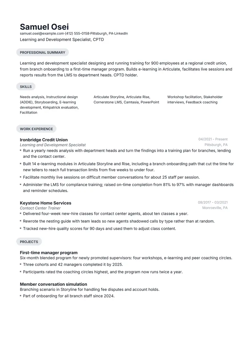 Learning and Development Specialist resume template sample in Daniel, page 1: fictional Learning and Development Specialist, CPTD