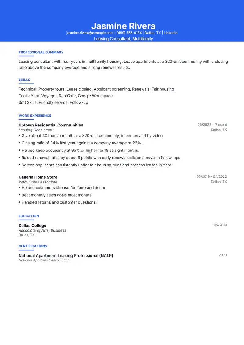 Leasing Consultant resume template sample in Olivia, page 1: fictional Leasing Consultant, Multifamily