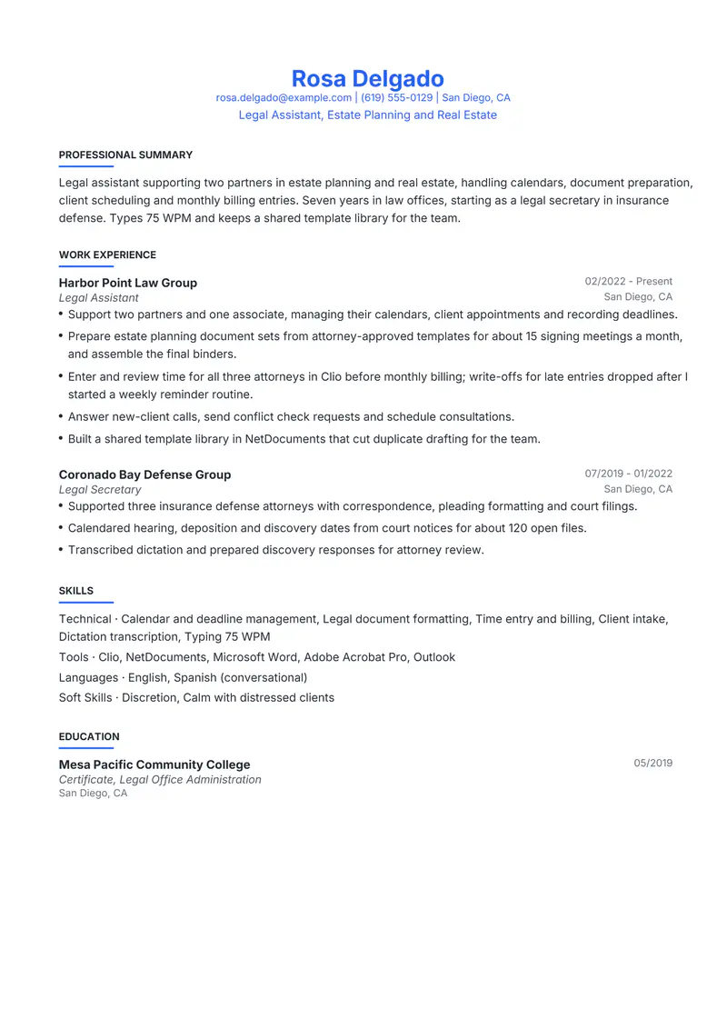 Legal Assistant resume template sample in Leslie, page 1: fictional Legal Assistant, Estate Planning and Real Estate