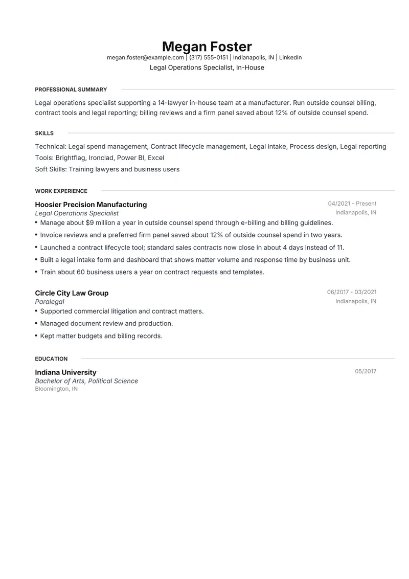 Legal Operations Specialist resume template sample in Meridian, page 1: fictional Legal Operations Specialist, In-House