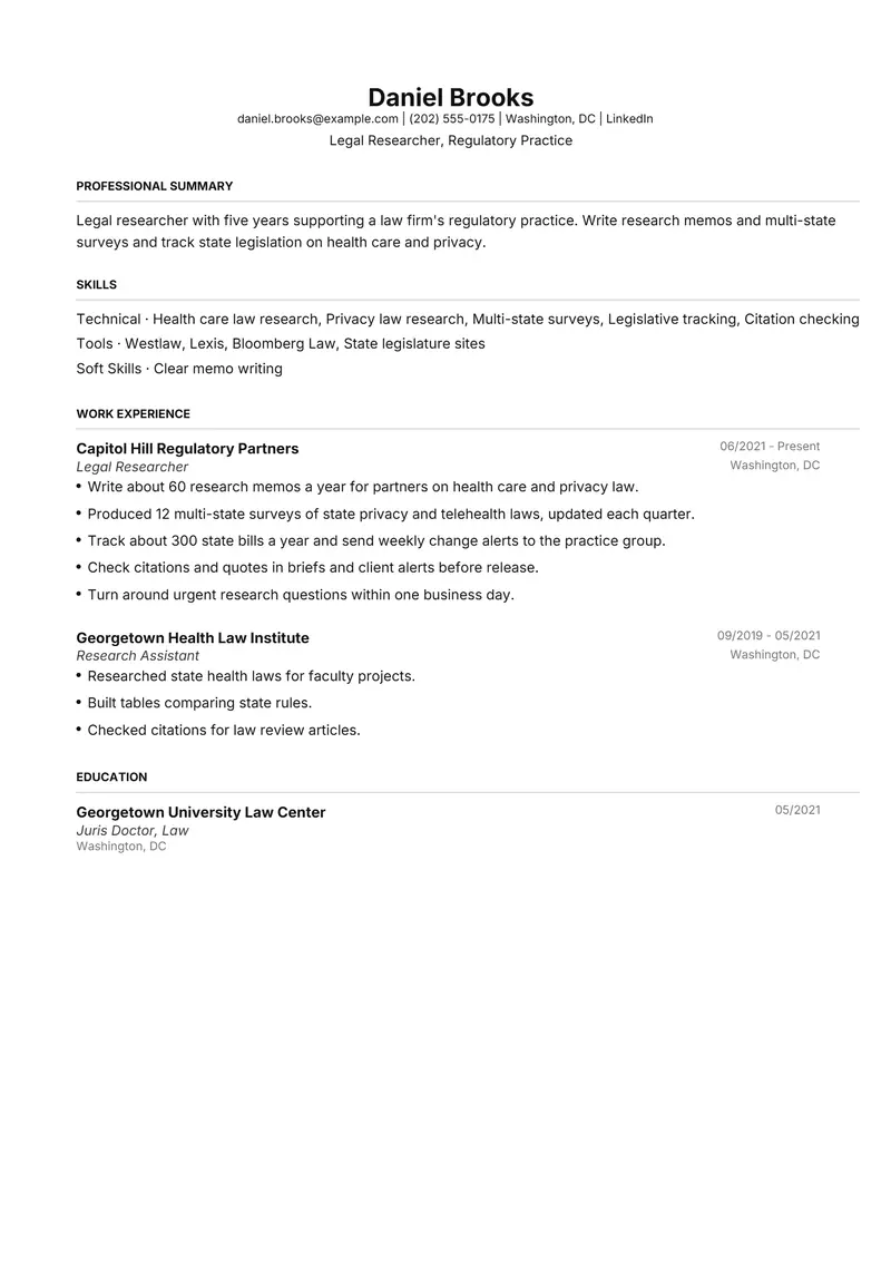 Legal Researcher resume template sample in FAANGPath, page 1: fictional Legal Researcher, Regulatory Practice