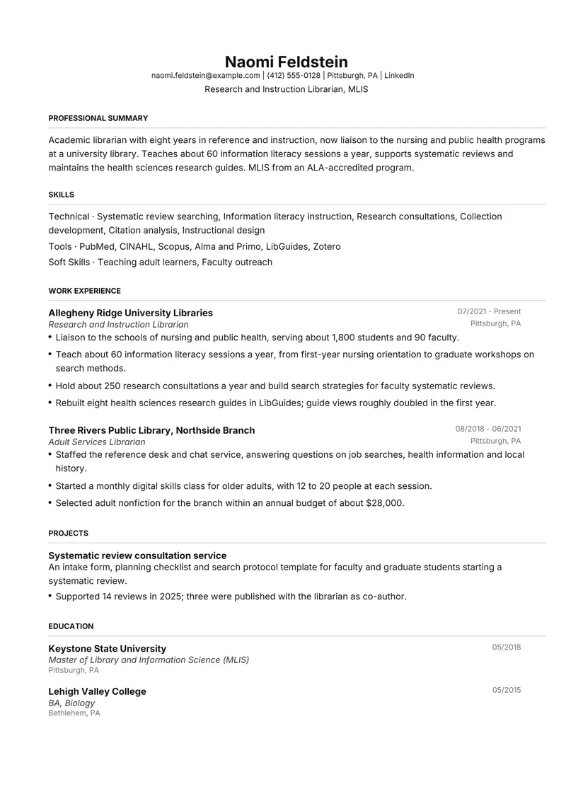 Librarian resume template sample in FAANGPath, page 1: fictional Research and Instruction Librarian, MLIS