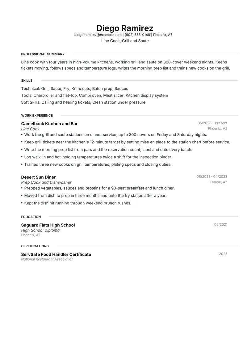 Line Cook resume template sample in Meridian, page 1: fictional Line Cook, Grill and Saute