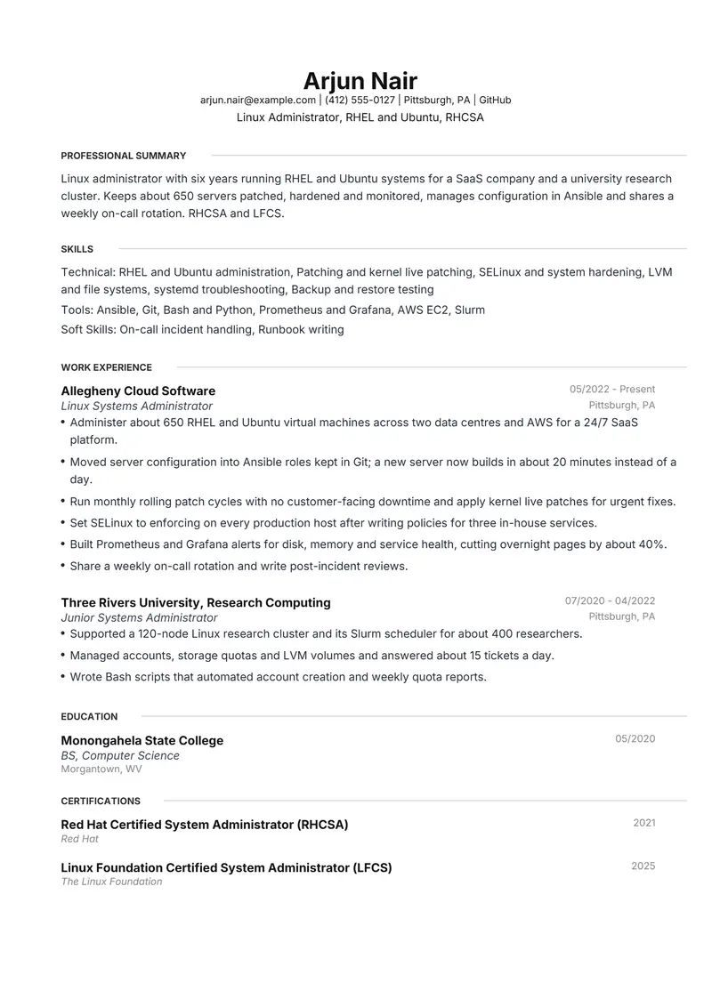 Linux Administrator resume template sample in Meridian, page 1: fictional Linux Administrator, RHEL and Ubuntu, RHCSA