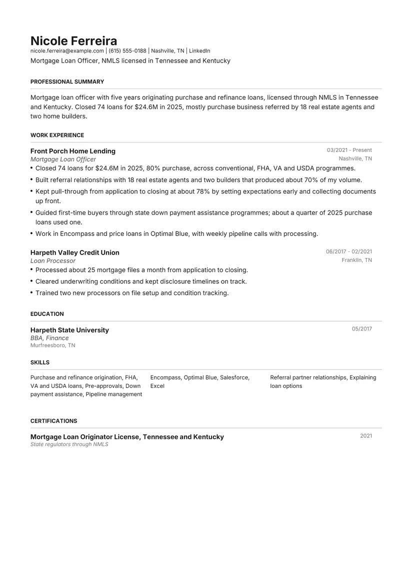Loan Officer resume template sample in Henrietta, page 1: fictional Mortgage Loan Officer, NMLS licensed in Tennessee and Kentucky