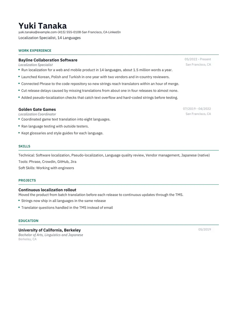 Localization Specialist resume template sample in Catalyst, page 1: fictional Localization Specialist, 14 Languages