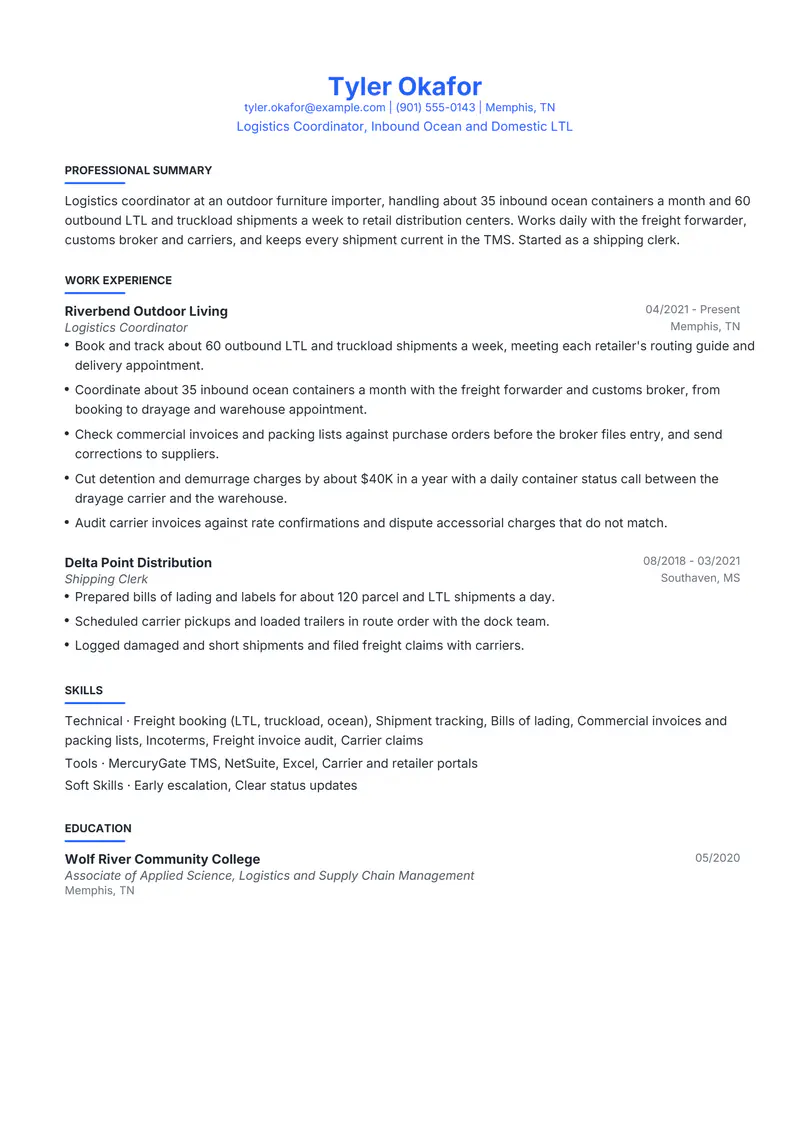 Logistics Coordinator resume template sample in Leslie, page 1: fictional Logistics Coordinator, Inbound Ocean and Domestic LTL