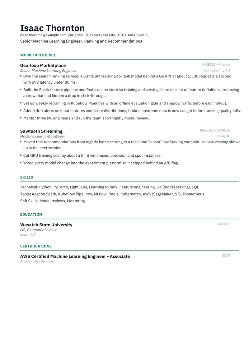 Machine Learning Engineer resume template sample in Catalyst, page 1: fictional Senior Machine Learning Engineer, Ranking and Recommendations