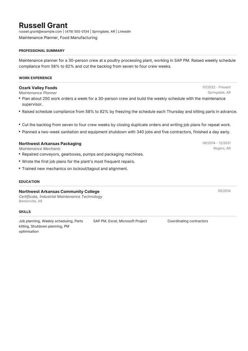 Maintenance Planner resume template sample in Henrietta, page 1: fictional Maintenance Planner, Food Manufacturing