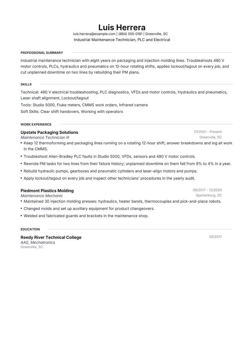 Maintenance Technician resume template sample in Meridian, page 1: fictional Industrial Maintenance Technician, PLC and Electrical