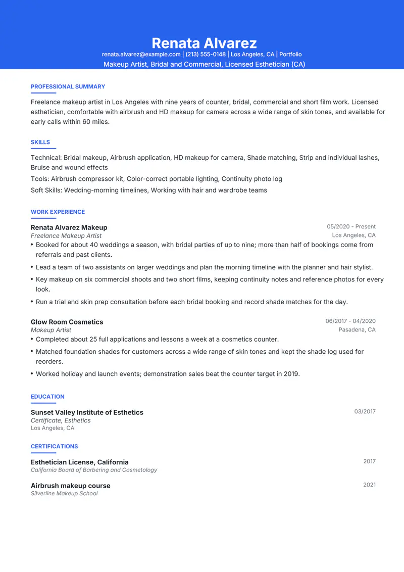 Makeup Artist resume template sample in Olivia, page 1: fictional Makeup Artist, Bridal and Commercial, Licensed Esthetician (CA)