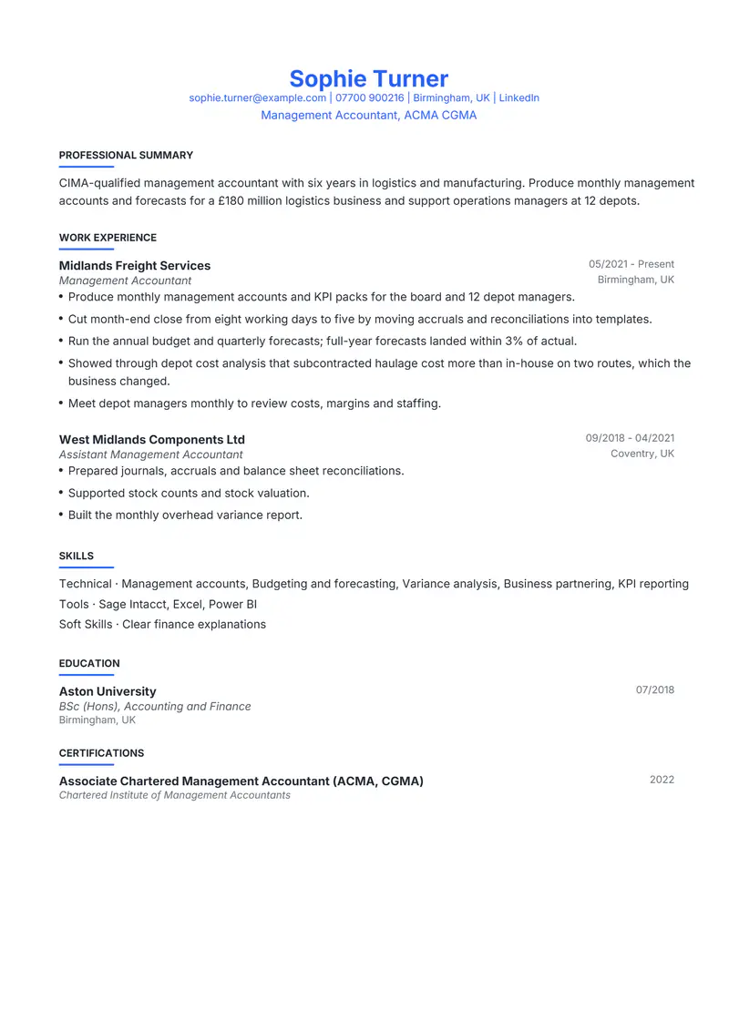 Management Accountant resume template sample in Leslie, page 1: fictional Management Accountant, ACMA CGMA
