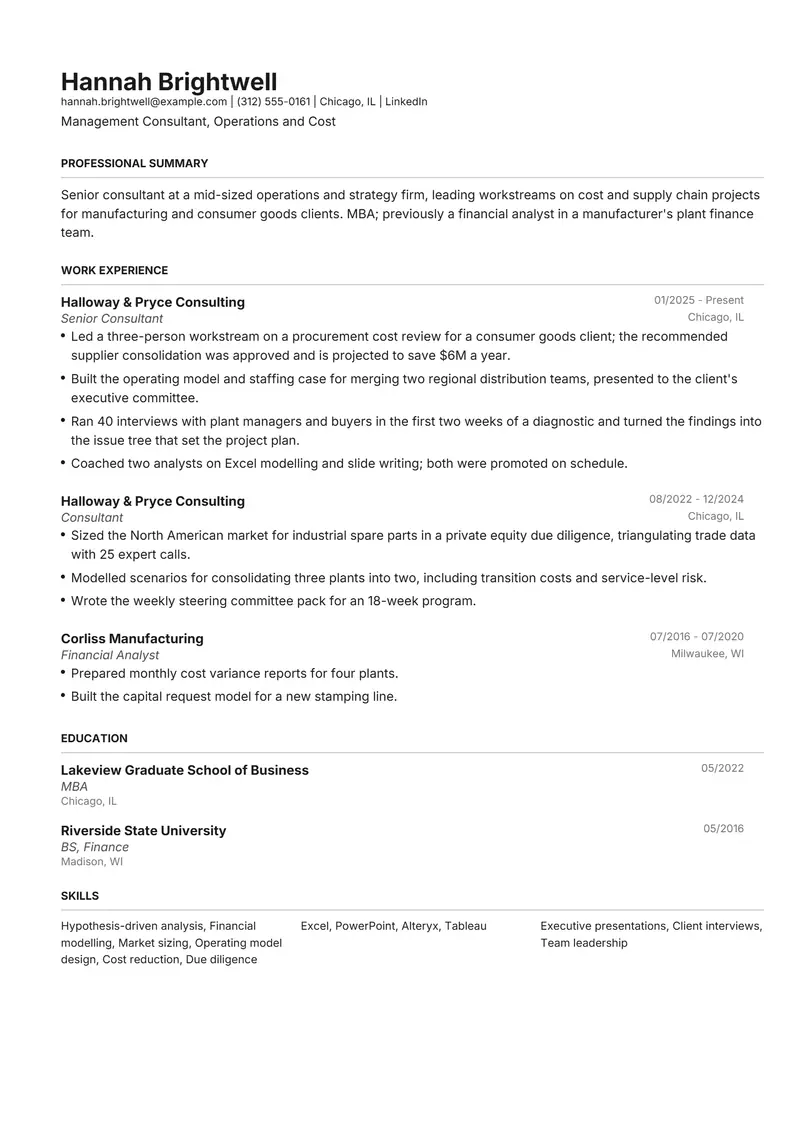 Management Consultant resume template sample in Henrietta, page 1: fictional Management Consultant, Operations and Cost