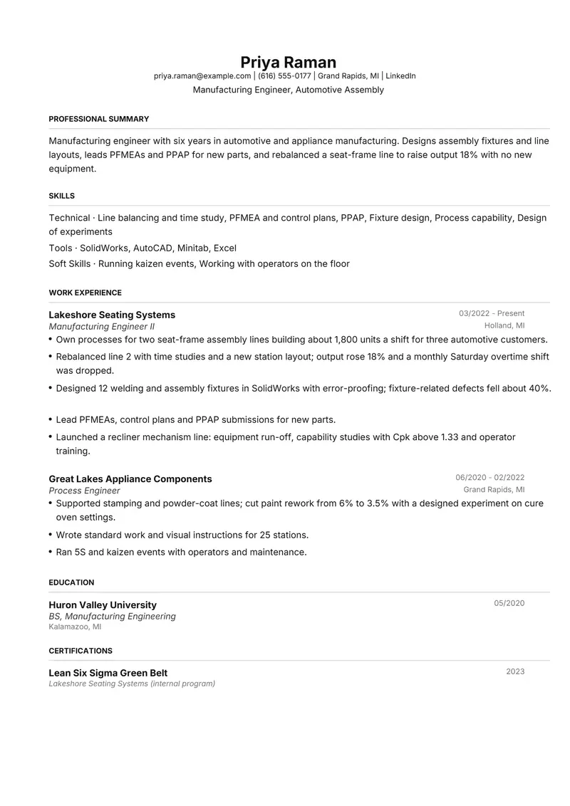 Manufacturing Engineer resume template sample in FAANGPath, page 1: fictional Manufacturing Engineer, Automotive Assembly