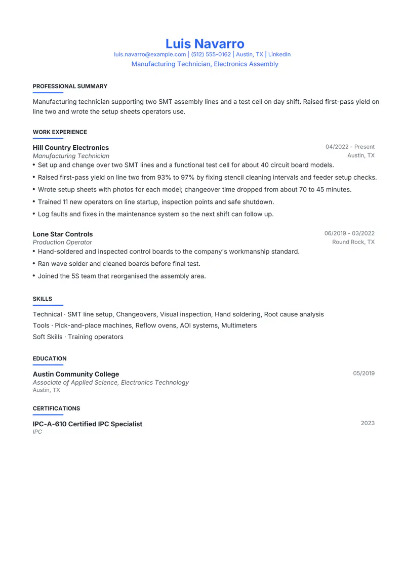 Manufacturing Technician resume template sample in Leslie, page 1: fictional Manufacturing Technician, Electronics Assembly