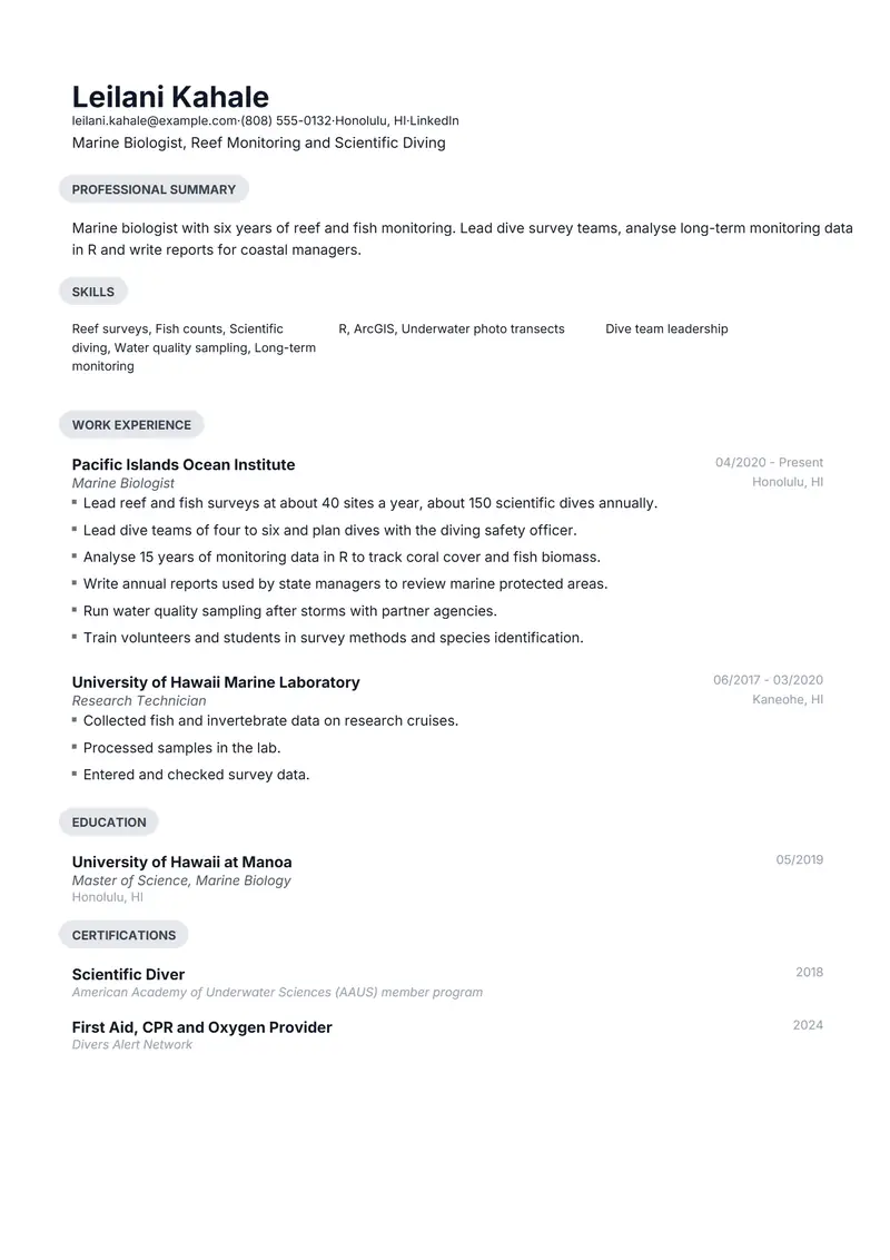 Marine Biologist resume template sample in Daniel, page 1: fictional Marine Biologist, Reef Monitoring and Scientific Diving