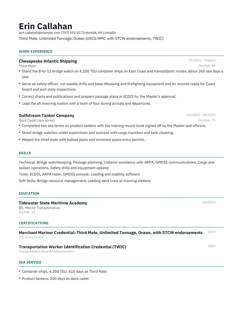 Maritime Officer resume template sample in Catalyst, page 1: fictional Third Mate, Unlimited Tonnage, Ocean (USCG MMC with STCW endorsements, TWIC)