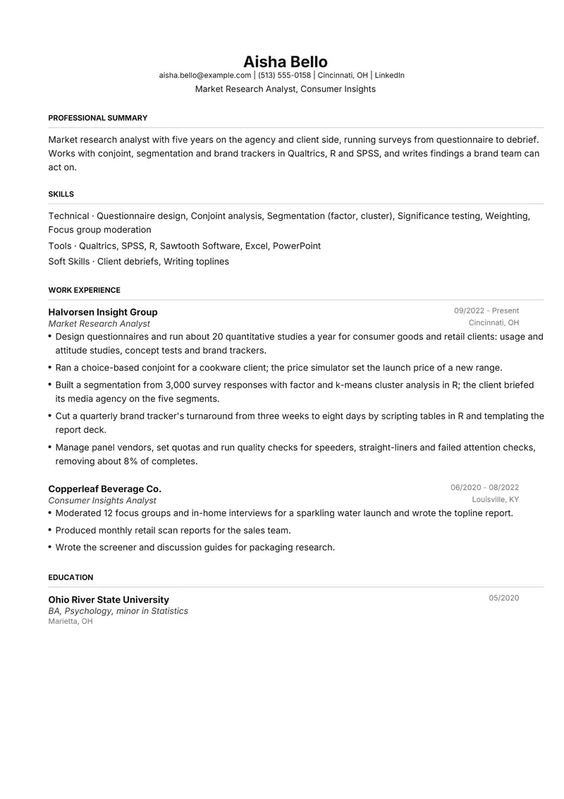 Market Research Analyst resume template sample in FAANGPath, page 1: fictional Market Research Analyst, Consumer Insights