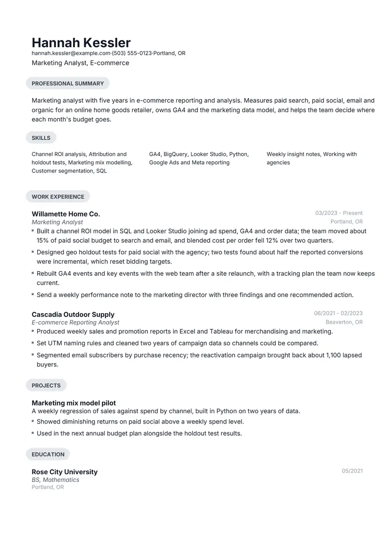 Marketing Analyst resume template sample in Daniel, page 1: fictional Marketing Analyst, E-commerce
