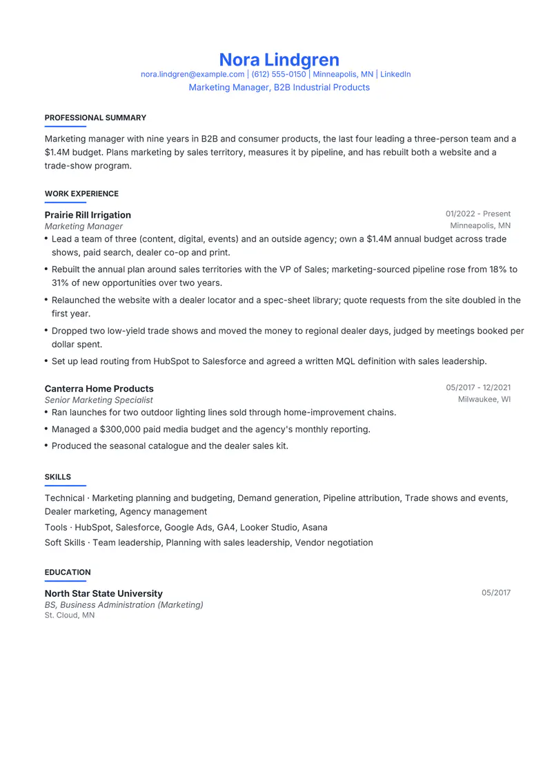 Marketing Manager resume template sample in Leslie, page 1: fictional Marketing Manager, B2B Industrial Products