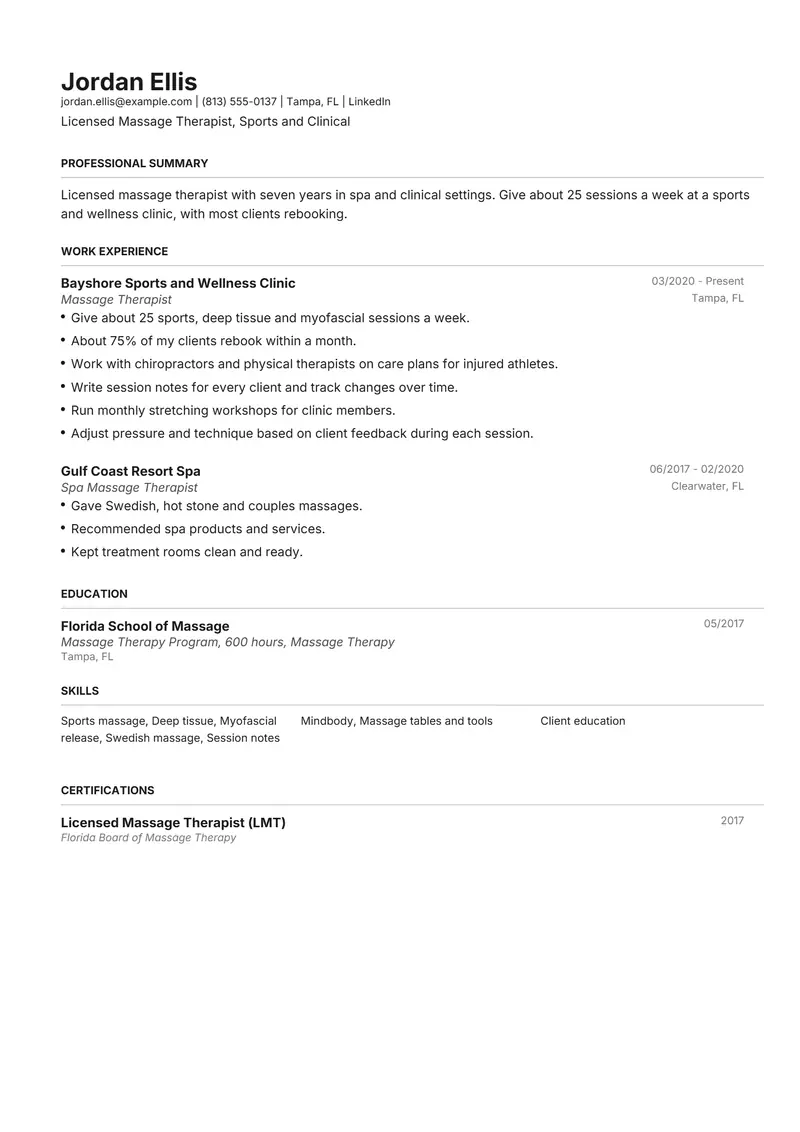 Massage Therapist resume template sample in Henrietta, page 1: fictional Licensed Massage Therapist, Sports and Clinical