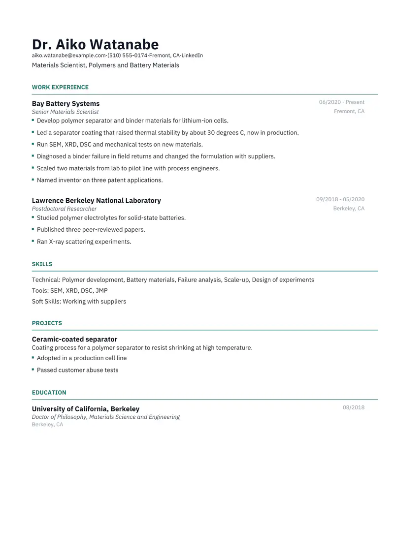 Materials Scientist resume template sample in Catalyst, page 1: fictional Materials Scientist, Polymers and Battery Materials
