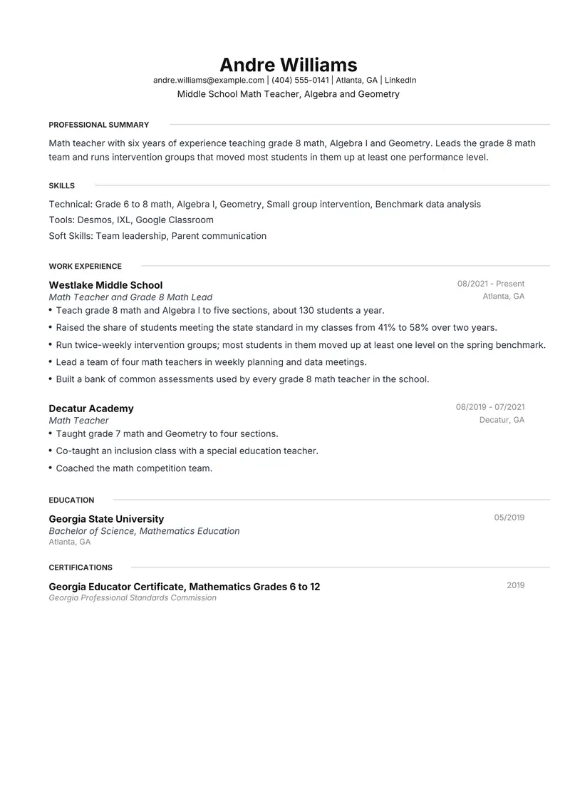 Math Teacher resume template sample in Meridian, page 1: fictional Middle School Math Teacher, Algebra and Geometry