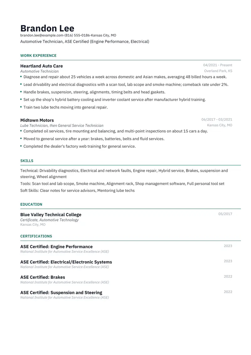 Mechanic resume template sample in Catalyst, page 1: fictional Automotive Technician, ASE Certified (Engine Performance, Electrical)
