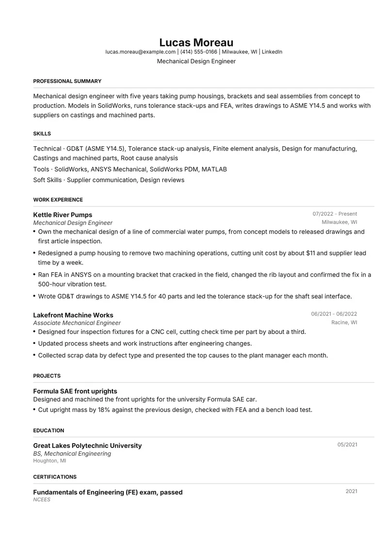 Mechanical Engineer resume template sample in FAANGPath, page 1: fictional Mechanical Design Engineer