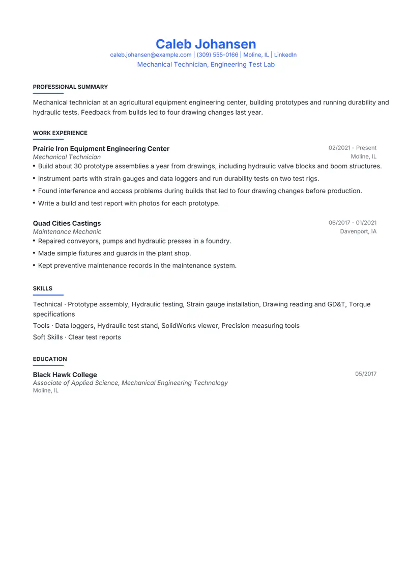 Mechanical Technician resume template sample in Leslie, page 1: fictional Mechanical Technician, Engineering Test Lab