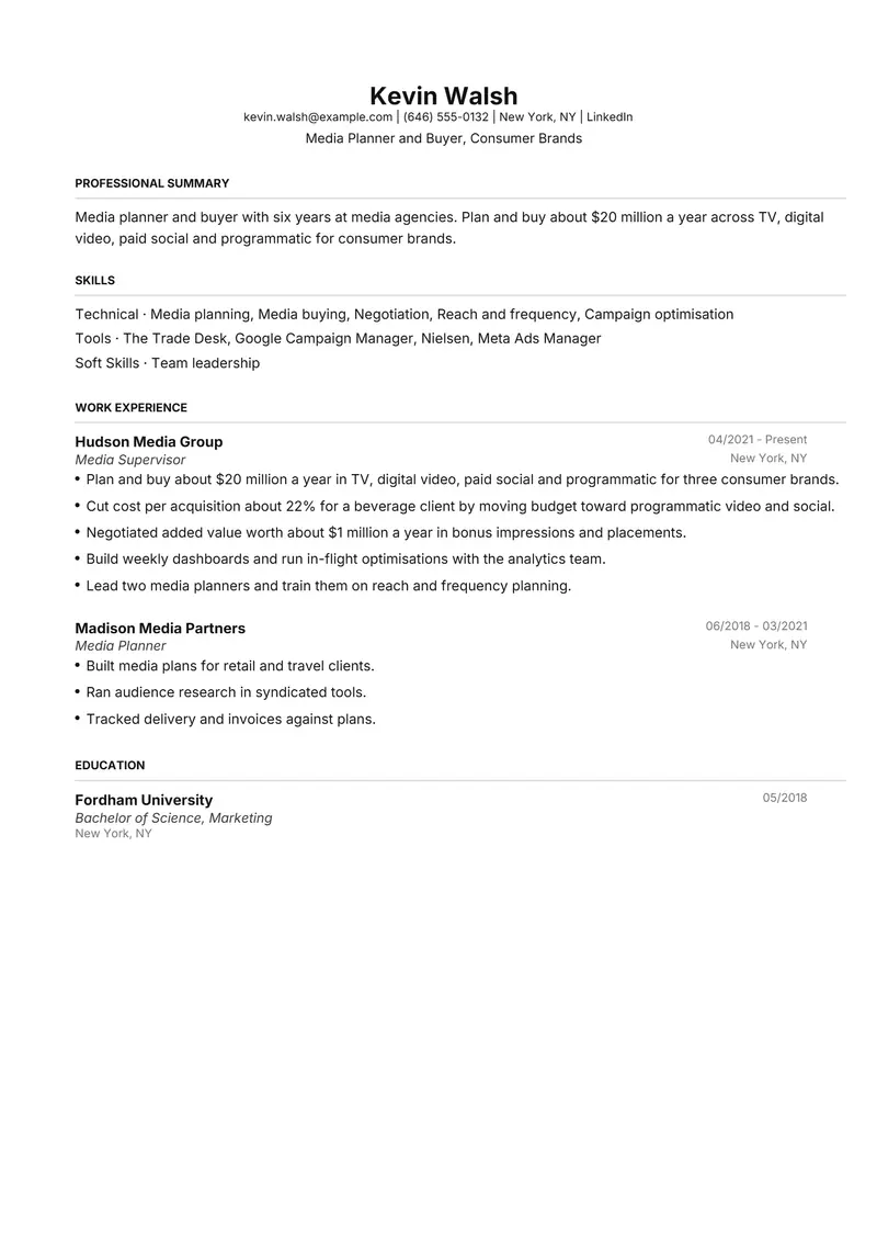 Media Planner resume template sample in FAANGPath, page 1: fictional Media Planner and Buyer, Consumer Brands