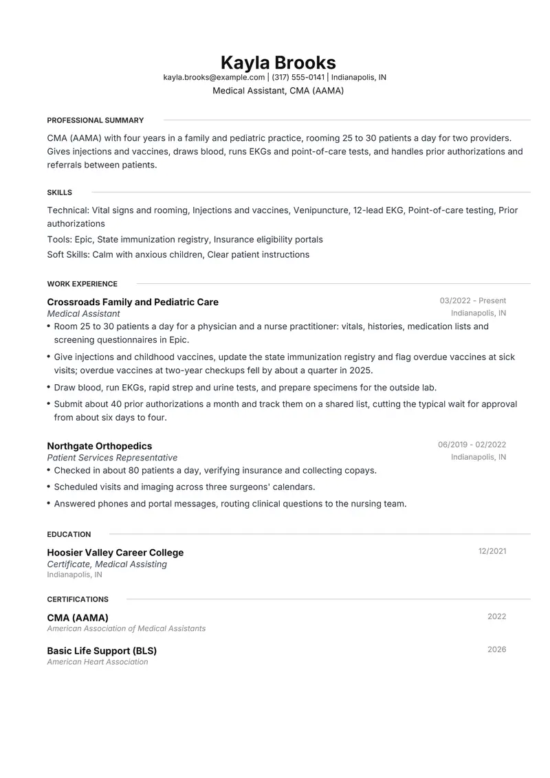 Medical Assistant resume template sample in Meridian, page 1: fictional Medical Assistant, CMA (AAMA)