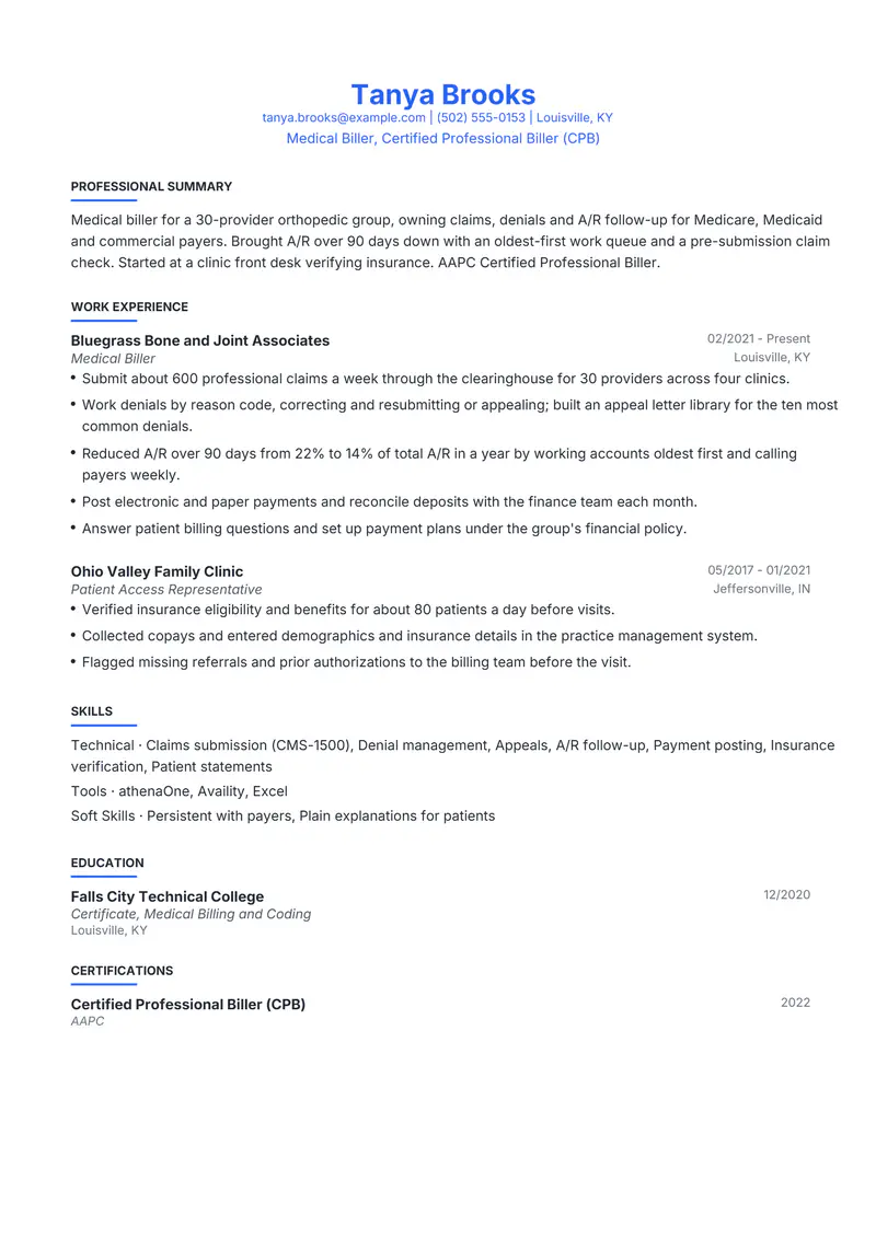 Medical Biller resume template sample in Leslie, page 1: fictional Medical Biller, Certified Professional Biller (CPB)