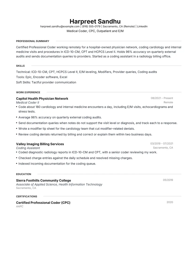 Medical Coder resume template sample in Meridian, page 1: fictional Medical Coder, CPC, Outpatient and E/M
