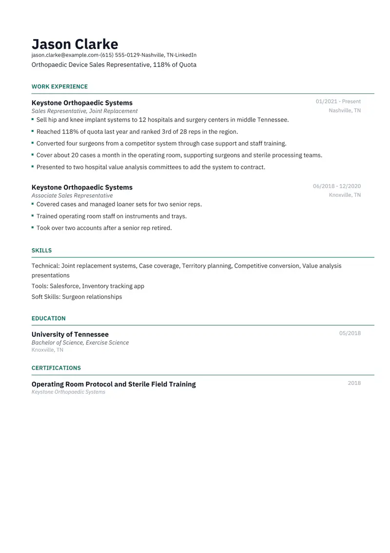 Medical Device Sales Representative resume template sample in Catalyst, page 1: fictional Orthopaedic Device Sales Representative, 118% of Quota