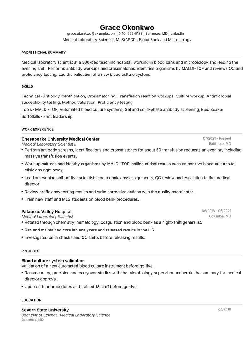 Medical Laboratory Scientist resume template sample in FAANGPath, page 1: fictional Medical Laboratory Scientist, MLS(ASCP), Blood Bank and Microbiology