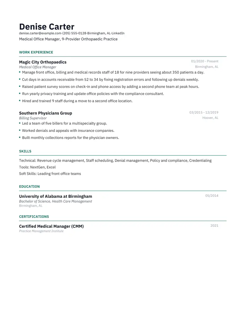 Medical Office Manager resume template sample in Catalyst, page 1: fictional Medical Office Manager, 9-Provider Orthopaedic Practice