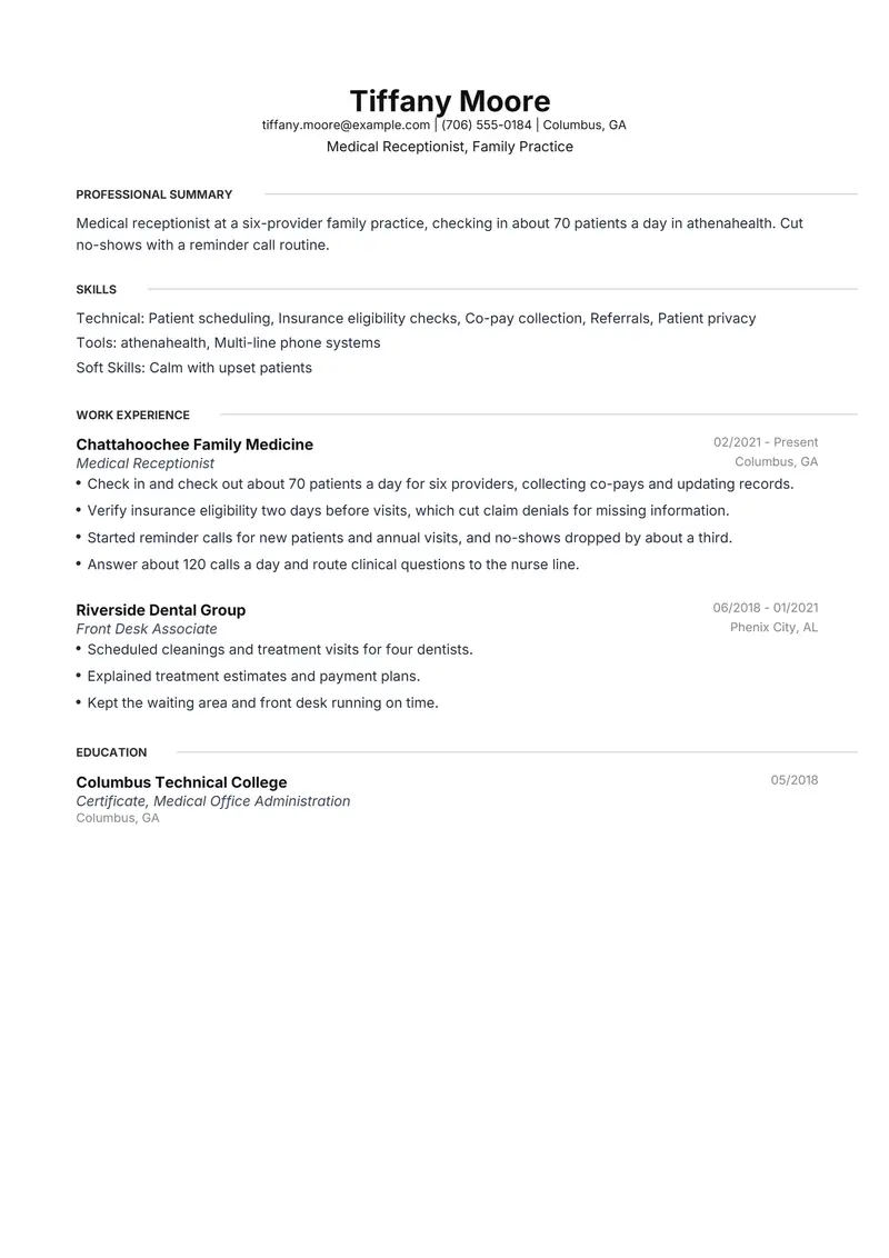 Medical Receptionist resume template sample in Meridian, page 1: fictional Medical Receptionist, Family Practice