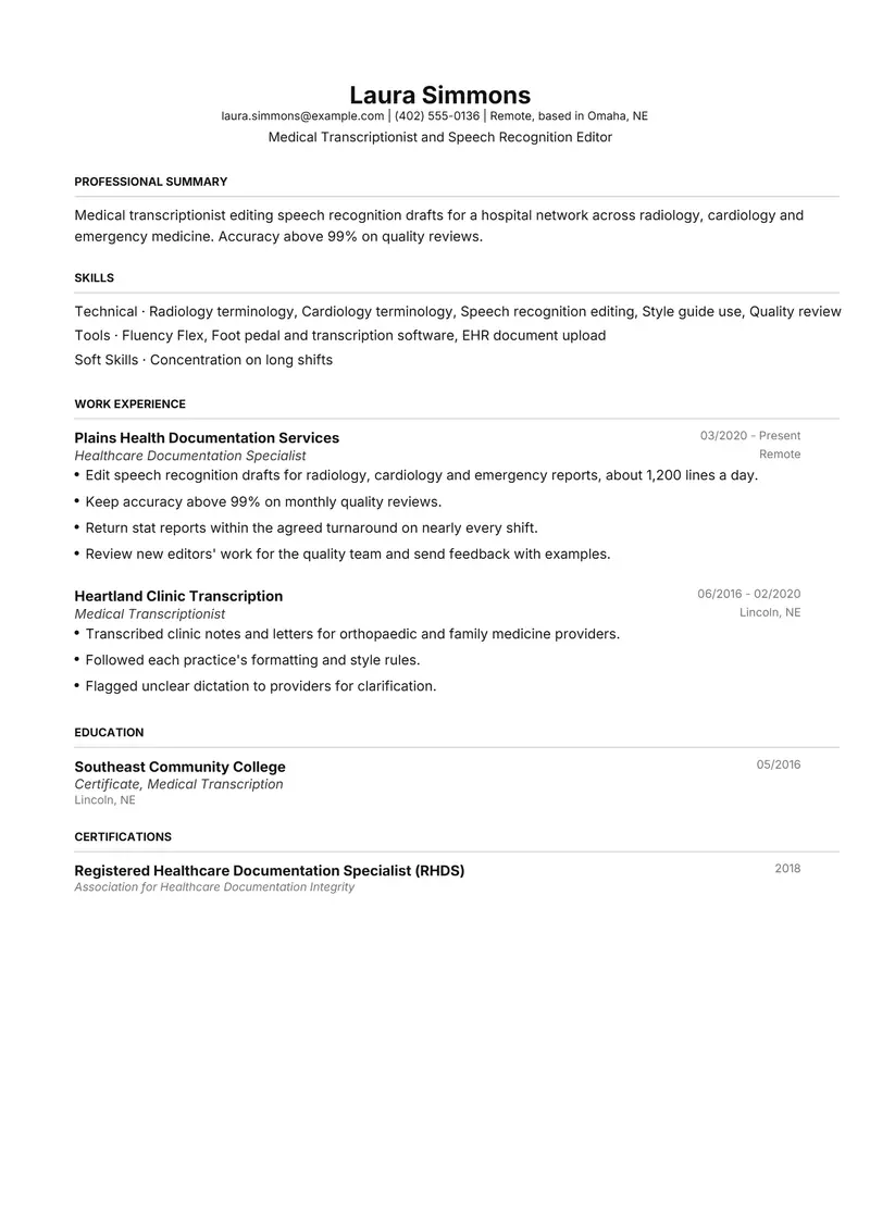 Medical Transcriptionist resume template sample in FAANGPath, page 1: fictional Medical Transcriptionist and Speech Recognition Editor