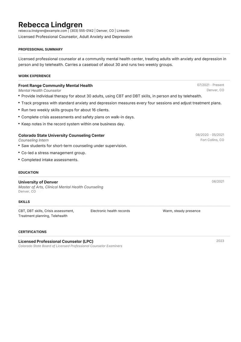Mental Health Counselor resume template sample in Henrietta, page 1: fictional Licensed Professional Counselor, Adult Anxiety and Depression