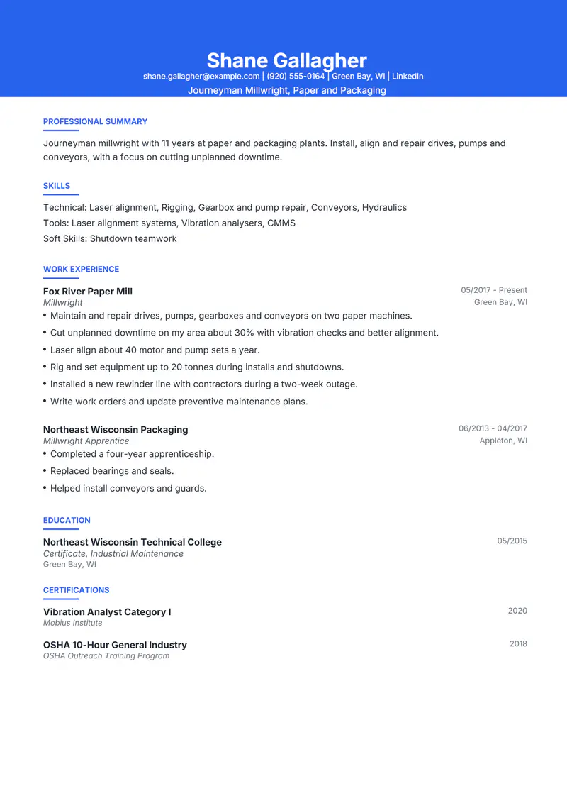 Millwright resume template sample in Olivia, page 1: fictional Journeyman Millwright, Paper and Packaging