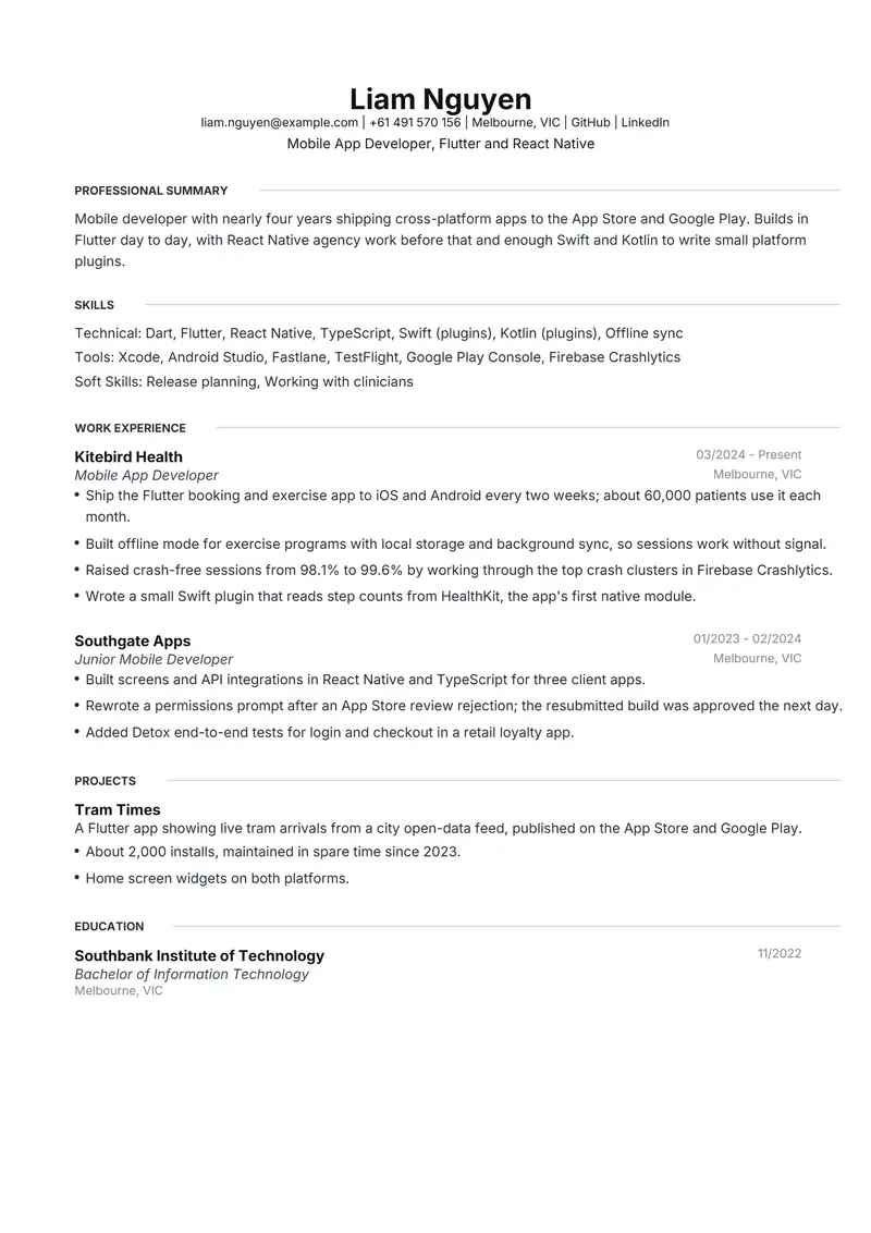 Mobile App Developer resume template sample in Meridian, page 1: fictional Mobile App Developer, Flutter and React Native
