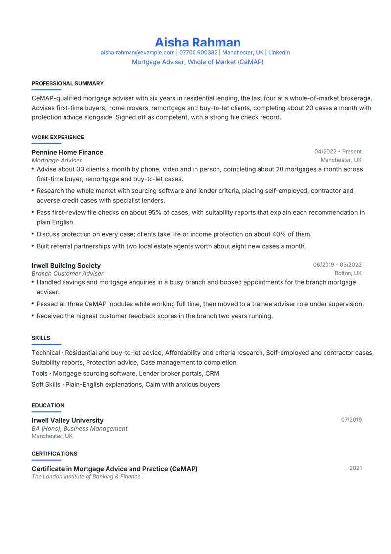 Mortgage Advisor resume template sample in Leslie, page 1: fictional Mortgage Adviser, Whole of Market (CeMAP)