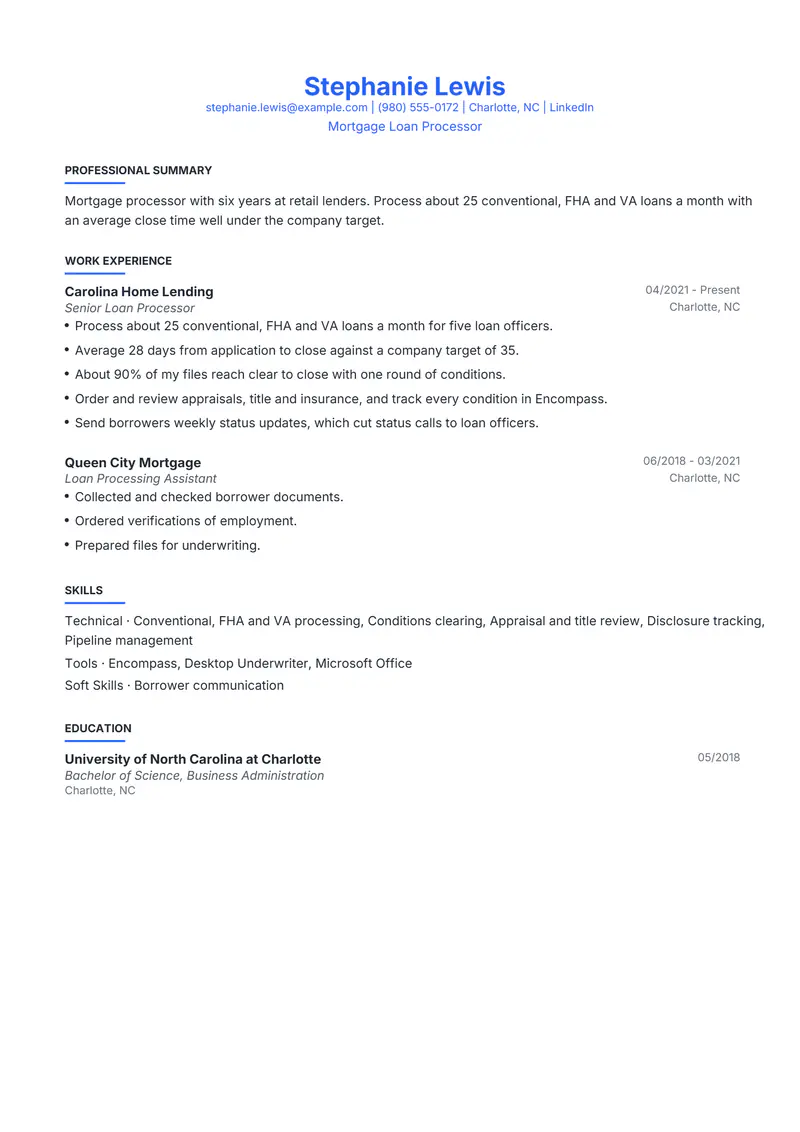 Mortgage Processor resume template sample in Leslie, page 1: fictional Mortgage Loan Processor