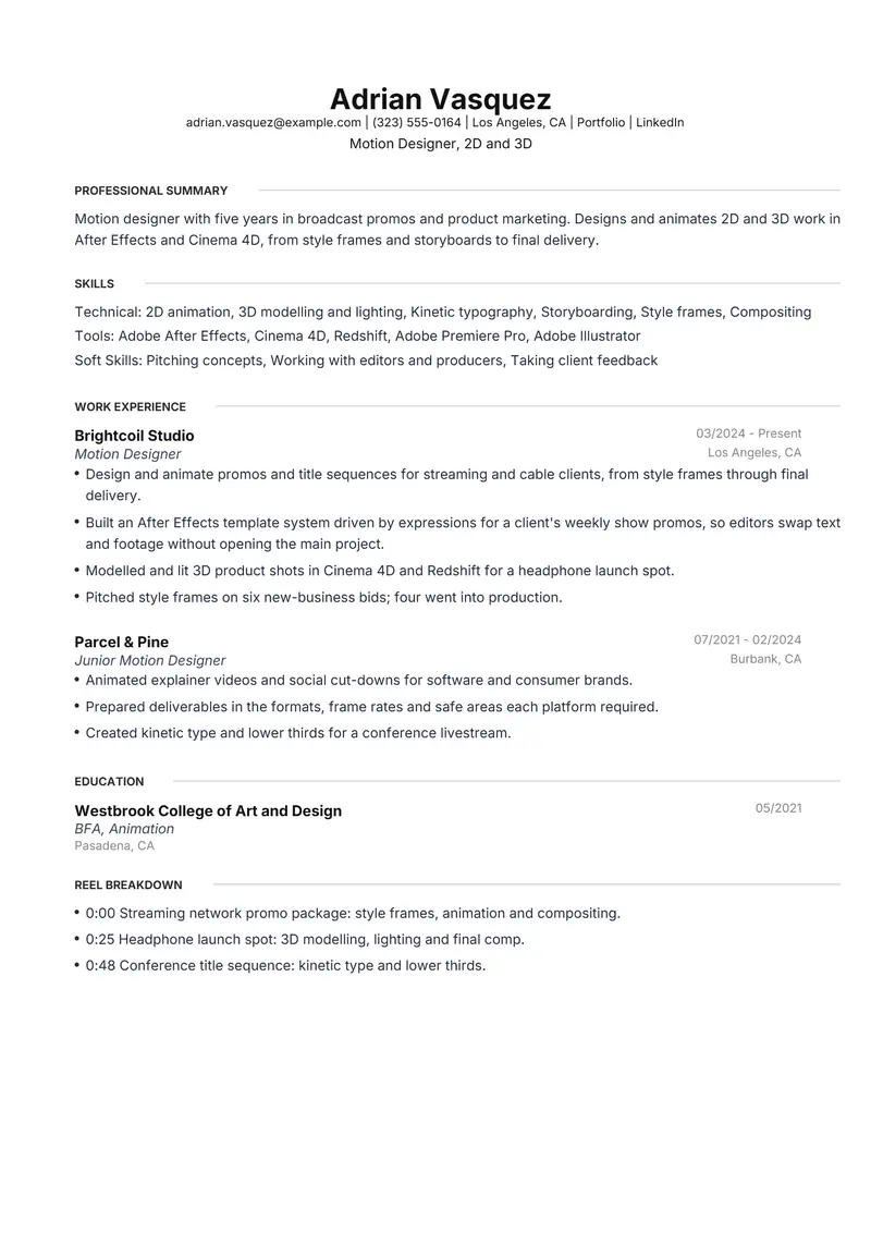 Motion Designer resume template sample in Meridian, page 1: fictional Motion Designer, 2D and 3D