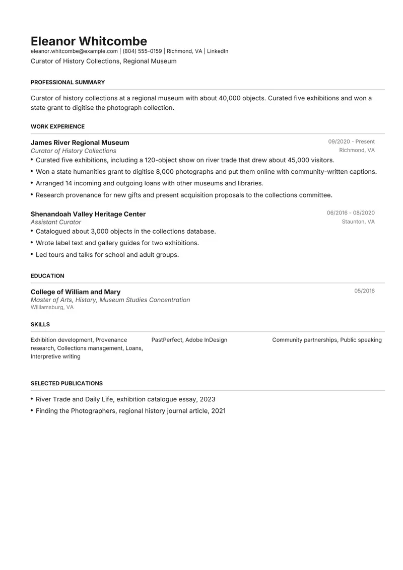 Museum Curator resume template sample in Henrietta, page 1: fictional Curator of History Collections, Regional Museum